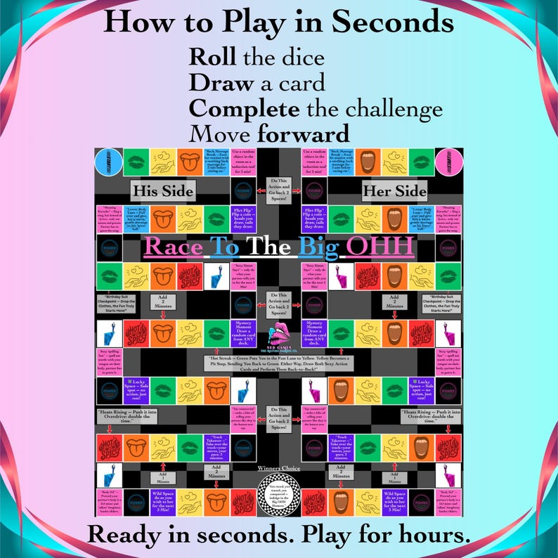 May include: A board game titled "Race To The Big OHH" with instructions: Roll the dice, draw a card, complete the challenge, and move forward. The game board is colorful with text and graphics, including "His Side" and "Her Side".