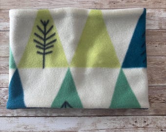 Geometric Triangle Fleece Neck Warmer, Teal and Green Cowl Scarf, One Size Fits Most Adults, Handmade Winter Accessory