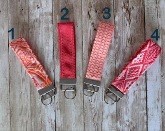 Handmade  Bright & Bold Fabric Key Fob Wristlet, Durable Key Chain Holder, Housewarming Gift, Stocking Stuffer - Orange/Pink Styles