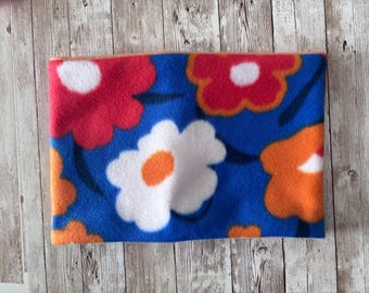 Retro Floral Fleece Neck Warmer | Reversible Winter Cowl | Blue, Orange & White Flower Print | Soft Adult Neck Gaiter | One Size Fits Most