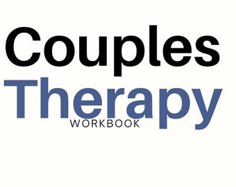 May include: Couples Therapy Workbook, a book title in black text with the word "Workbook" in smaller black text below, and the word "Therapy" in blue text.