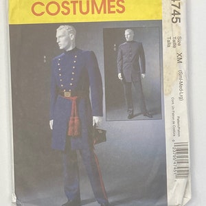May include: A McCall's Costumes sewing pattern for a men's costume. The pattern is for sizes small, medium, and large. The pattern includes instructions for making a jacket, pants, and a sash. The pattern number is M4745.
