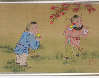 Chinese silk painting of children playing telephone