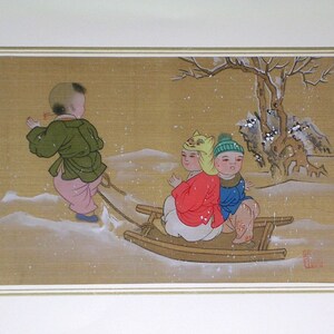 chinese silk painting children on a sled