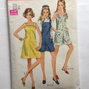 May include: A vintage sewing pattern for a mini-length dress with two different styles. The pattern is for sizes 14 and 36. The pattern is from Simplicity and the pattern number is 8196.