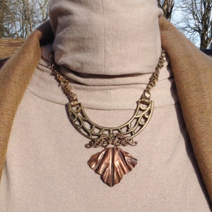 Copper Fold-formed Leaf on Brass Necklace by Antonette Cely