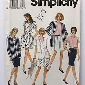 May include: Simplicity sewing pattern number 8294, size H (6-10), EUR (34-38). The pattern includes four different designs for women's clothing: a polka dot dress, a striped blazer, a white blazer with a polka dot skirt, and a black skirt with a pink top.