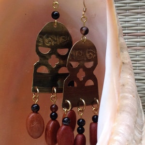 Bell-shaped Brass and Wood Earrings by Antonette Cely