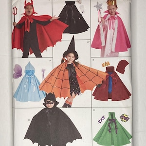 May include: Simplicity pattern 8729 features various children's Halloween costume designs. The cover showcases capes, hats, and accessories for devil, bat, spider, and fairy costumes. The pattern includes sizes S-L.