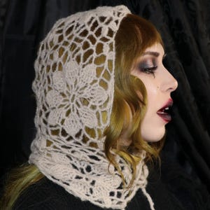 May include: A beige crocheted hood with a floral design. The hood is made of a soft, textured yarn and features an openwork pattern. The hood is worn over the head and shoulders, providing warmth and style.