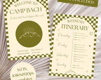 May include: A printable invitation and itinerary for a weekend camping trip called "Camp Bach". The invitation features a green mountain illustration and the text "Julia's last trail before the veil". The itinerary includes a list of activities for each day of the weekend, including "Welcome Drinks & Dinner", "Breakfast at Sunrise", and "Bonfire & S'mores".