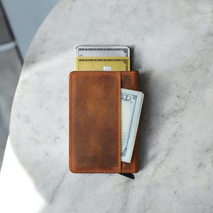 Billetera emergente personalizada, tarjetero RFID, billetera hecha a mano, billetera minimalista para tarjetas de crédito, regalo de Navidad para él, regalo personalizado para hombres