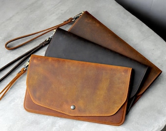 Personalized Leather Clutch Bag, Handcrafted Leather Purse for Women, Anniversary Gift, Christmas Gift, Custom Clutch Purse with Wristlet