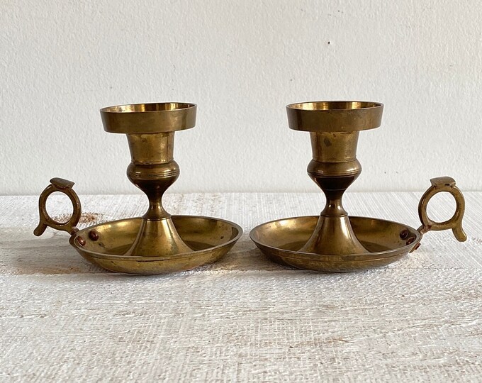 Vintage Set of Two Brass Candle Stick Holders With Thumb Grips Brass