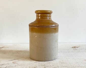 Vintage Two Tone Pottery Crock Vessel - Brown and Tan Neutral Pottery Container Stamped