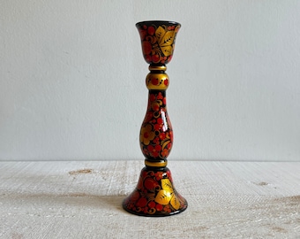 Painted Red Flower Wood Russian Candle Holder - Wooden Candle Holder Hand Painted with Red Gold and Black Design