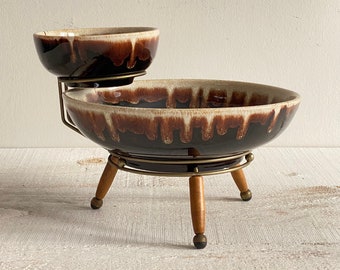 Vintage Drip Glaze Brown Chip and Dip set with Mid Century Atomic Rack - Vintage Chip n Dip Set