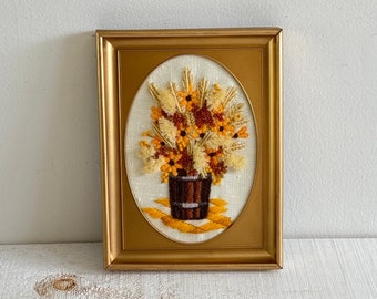 Vintage Autumn Bouquets Framed Crewel Embroidery Art - Gold Oval Framed Fall Foliage Crewel