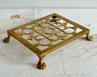 Vintage Brass Footed Trivet with Cut Out Design - Metal Trivet Pot Stand - Brass Rectangular Plant Stand with Feet