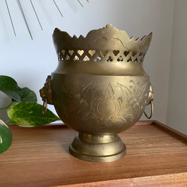 India Brass Raised Planter with Lion Heads and Heart Cut Out Design