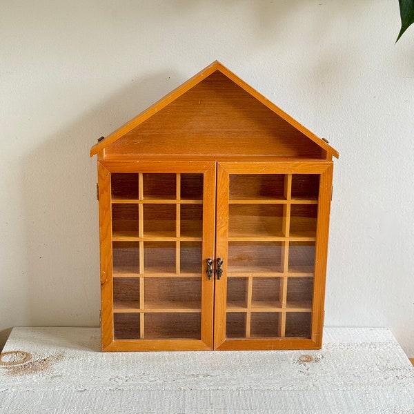 Vintage House Shaped Trinket Shelf with Glass Door and Assorted Miniature - Miniature Shelf Wall Decor