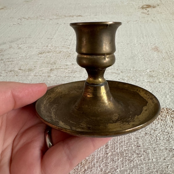 Vintage Single Brass Candle Stick Holder - Worn Plated Brass Small Candlestick Holder Made in England