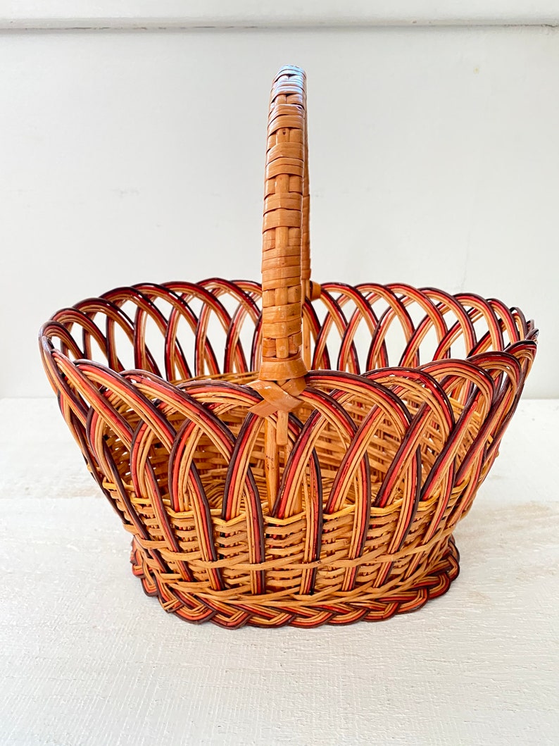 Detailed Red Brown And Tan Looped Woven Basket with Handle Small Collection Storage Decor Wicker Basket