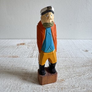Vintage Hand Carved Painted Wood Sailor Fisherman Decor - Folk Art Hand Carving Old Salty Captain Figurine