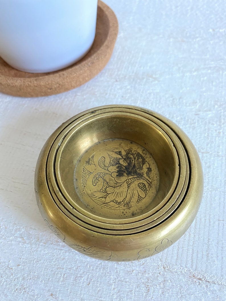 Brass Set of 4 Stacking Shallow Cup Bowls Made in China Etched Brass Graduated Nesting Plates