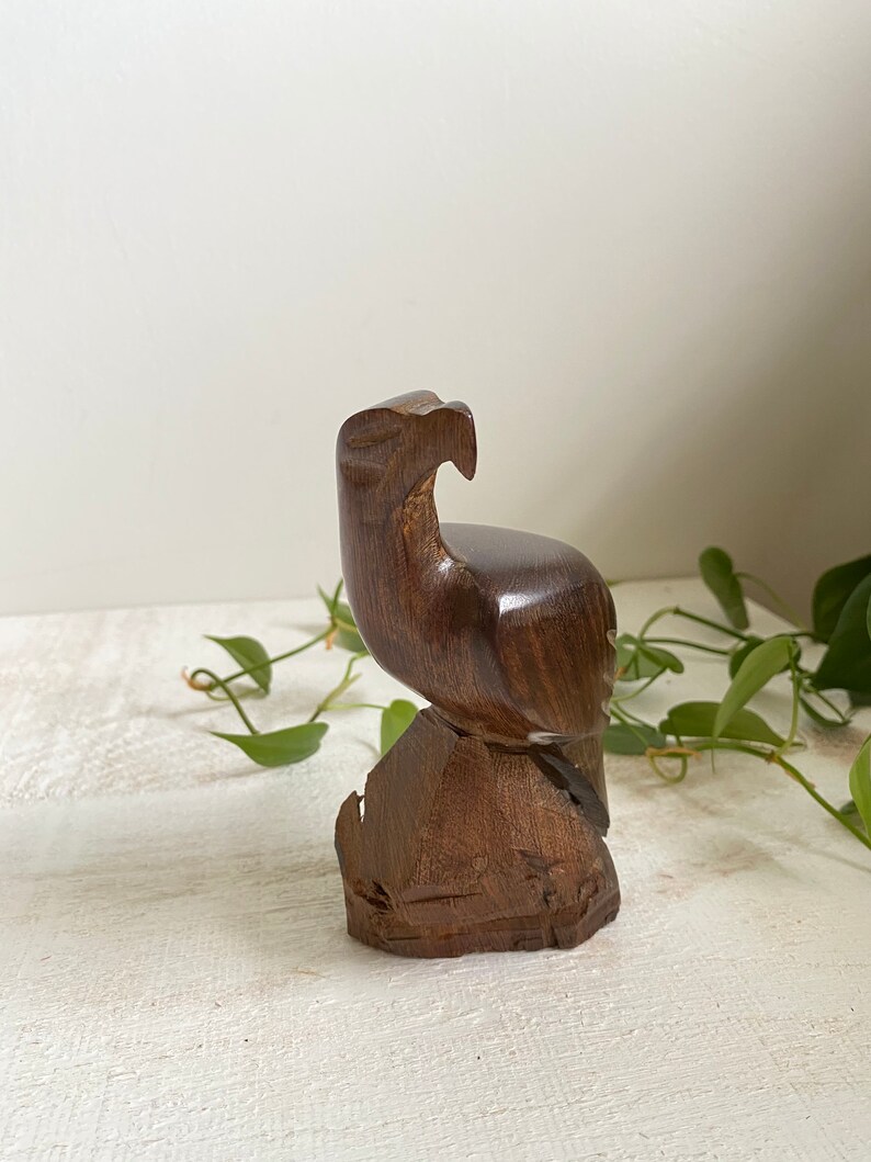 Wooden Carved Eagle Statue Decor Item Polished Wood Bird On Rough Cut Wood Base Sculpture Art Collectibles