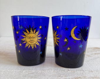 Vintage Set of Two Libbey Celestial Moon, Sun and Stars Cobalt Blue Glass Drinking Cup - Collectable Vintage Libby Cup
