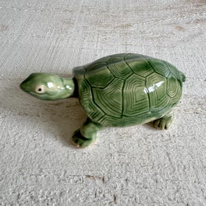 Vintage Long Neck Turtle Figurine - Ceramic Green and Yellow Turtle - Made in China