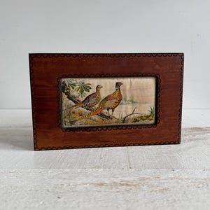 Puede incluir: Un marco rectangular de madera con un borde tallado. En el interior, una obra de arte textil enmarcada representa dos faisanes en un entorno natural. Las aves tienen plumas marrones, naranjas y amarillas.