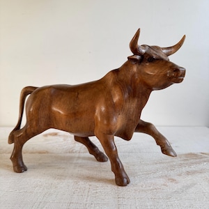 Large Vintage Hand Carved Charging Bull Wood Sculpture - Vintage Bull with Horn Wooden Figurine