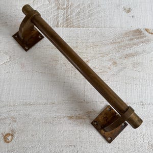 Single Vintage Large Industrial Door Pull Handle - Heavy Patina Brass Hand Towel Fixed Rod - Made in Britain