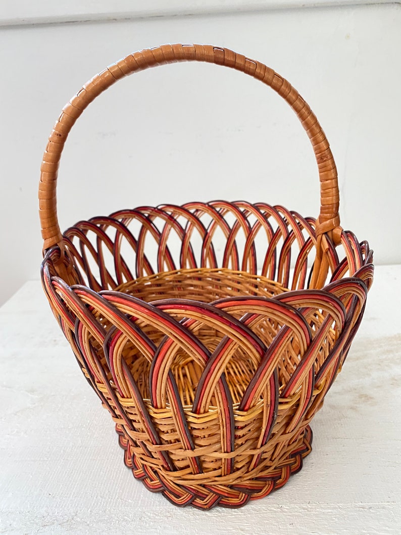 Detailed Red Brown And Tan Looped Woven Basket with Handle Small Collection Storage Decor Wicker Basket