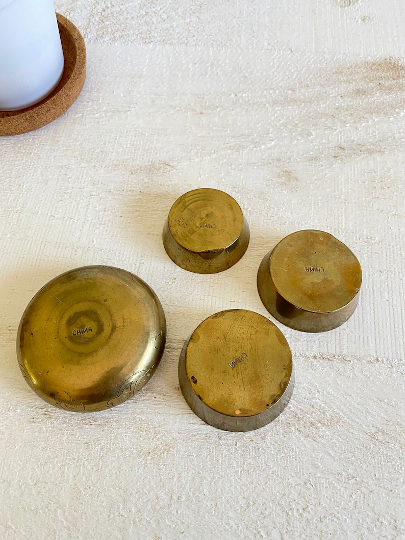 Brass Set of 4 Stacking Shallow Cup Bowls Made in China Etched Brass Graduated Nesting Plates