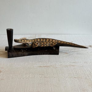 Vintage Carved Horn Crocodile Figurine with Pen Holder - Carved Horn Alligator Sculpture