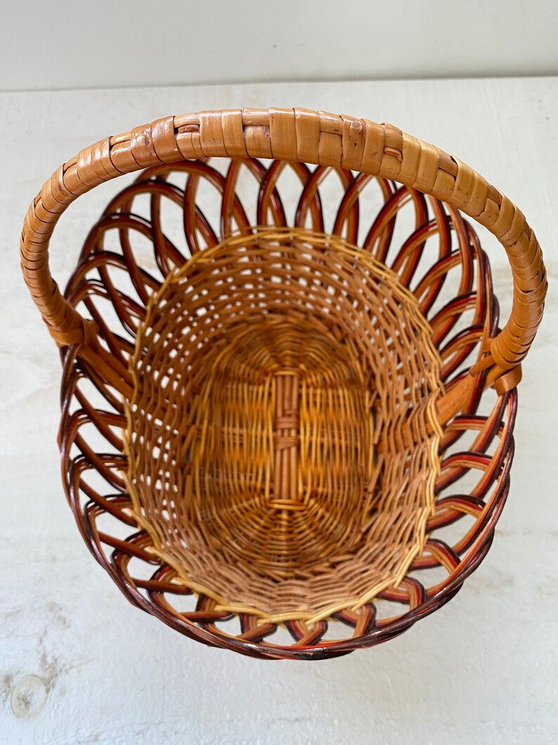 Detailed Red Brown And Tan Looped Woven Basket with Handle Small Collection Storage Decor Wicker Basket