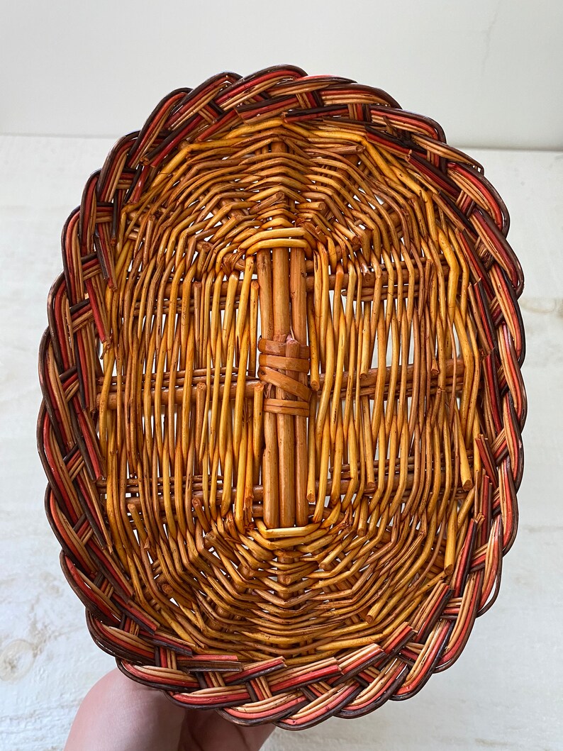 Detailed Red Brown And Tan Looped Woven Basket with Handle Small Collection Storage Decor Wicker Basket