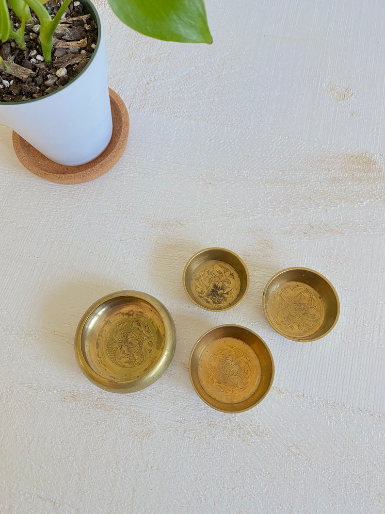 Brass Set of 4 Stacking Shallow Cup Bowls Made in China Etched Brass Graduated Nesting Plates