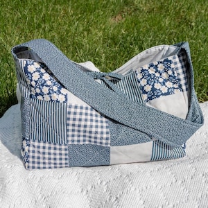 Patchwork Quilted Blue Floral Gingham Tote Bag | Atlas Tote | Handmade Bag
