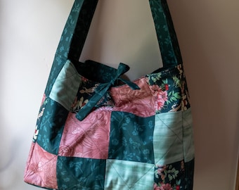 Patchwork Quilted Green Pink Floral with Snakes and Insects Tote Bag | Atlas Tote | Handmade Bag