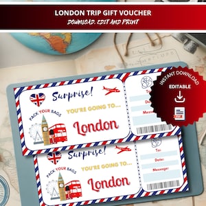 Vale de regalo para viaje a Londres, vale de regalo personalizado para vacaciones, plantilla de vale de regalo, revelación sorpresa de vale, descarga instantánea, archivo PFD