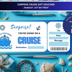 Vale regalo sorpresa, Vale regalo crucero personalizado, Vale regalo crucero vacaciones, Plantilla vale regalo, Descarga instantánea, Archivo PFD