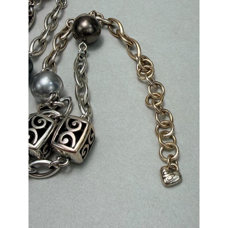 Brighton Silver Plated Faux Pearl Station Necklace Scroll Bead Chain Elegant zdjęcie 6