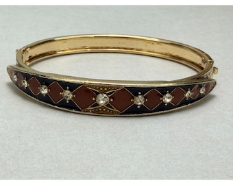 Vintage Art Deco Inspired Gold Tone Engraved Bangle Bracelet Enamel Rhinestone