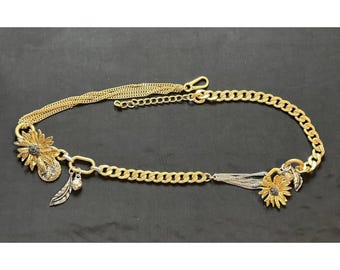 Zara Layered Gold Chain Charm Waist Belt | Coin & Sun Medallion Statement Belt ZARA Gold Tone Chain Belt Sunflower Charms Coin Feather  main image 2