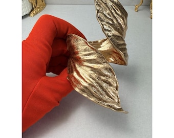 ZARA Gold Tone Leaf Sculptural Wide Cuff Bracelet Statement Organic Bold NWOT