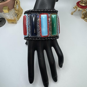Handmade Ceramic Beaded Cuff Bracelet Colorful Rectangular Tiles Boho Jewelry